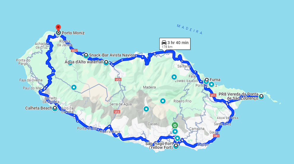 Madeira 1 day road trip on maps