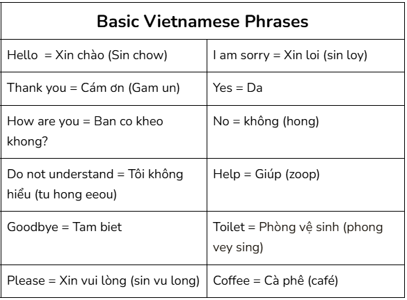Basic Vietnamese Phrases table