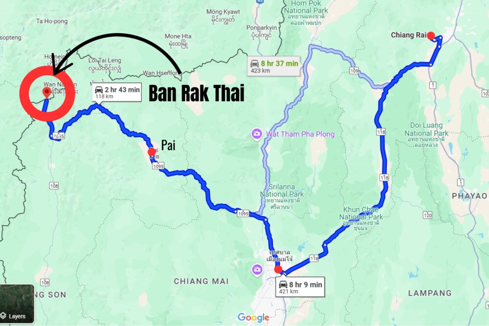 The route to Ban Rak Thai from Pai, Chiang Mai and Chiang Rai in northern Thailand