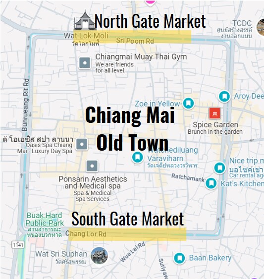 The location if the north and south nigh food markets in Chiang Mai, Thailand