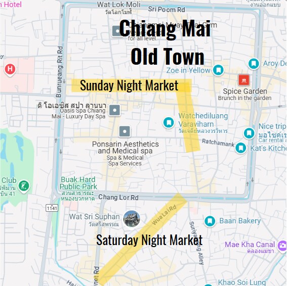 The location of the Saturday and Sunday Night markets in Chiang Mai, Thailand