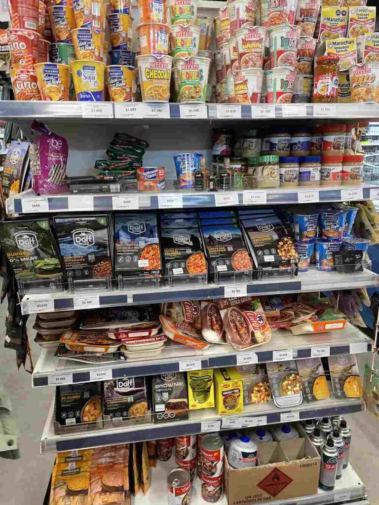 The stocked shelves of dehydrated food at Don Bosco Supermarket in Puerto Natales.