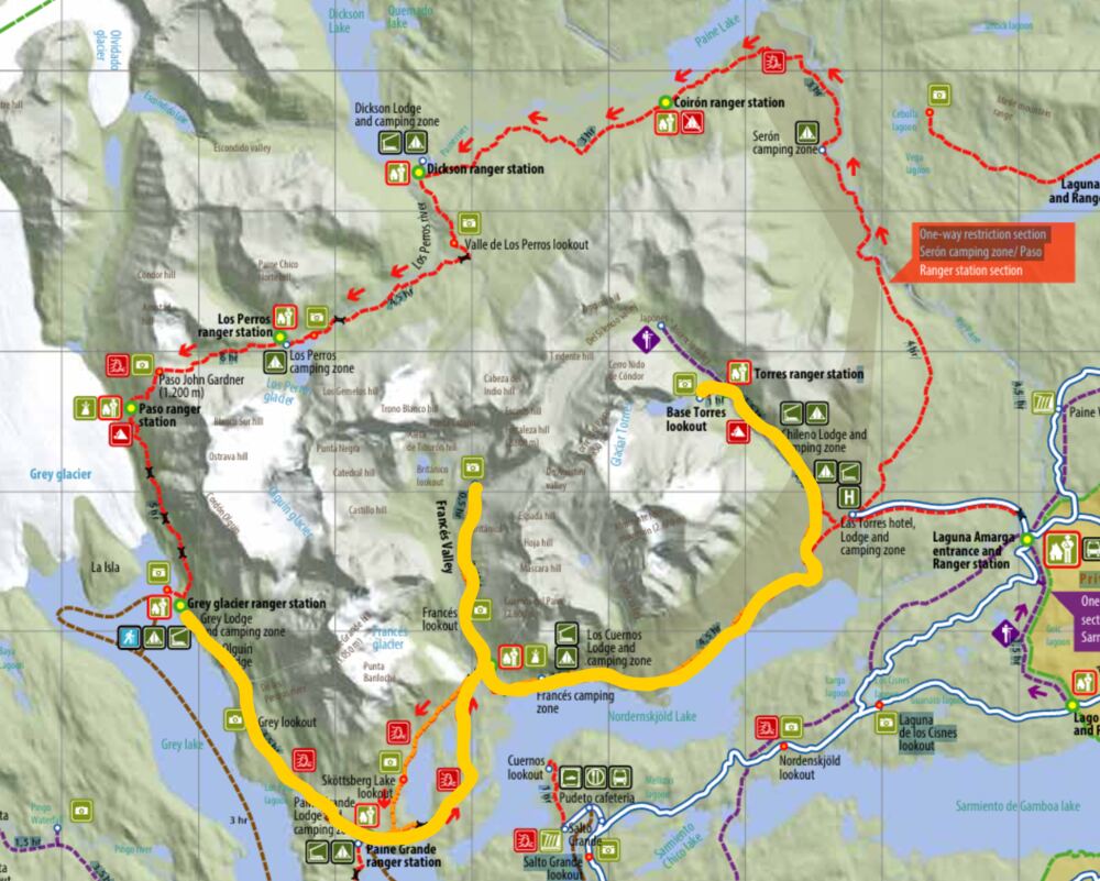Map of W and O trek trails in Torres Del Paine, Patagonia