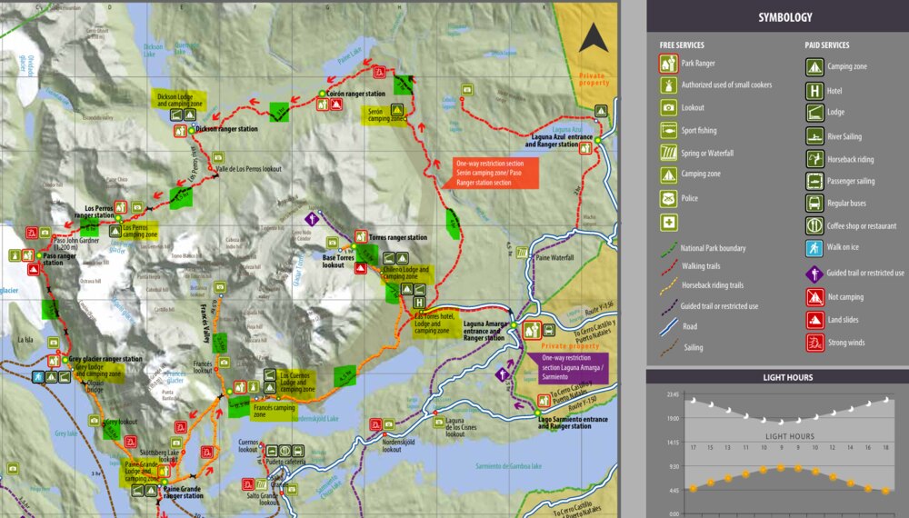 Map of the camping locations in Torres Del Paine, Patagonia. Map image taken from torresdelpaine.com