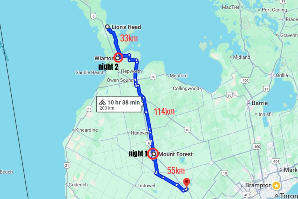 The route we followed and distances we rode from Fergus to Lions Head for our 3 day bikepacking trip